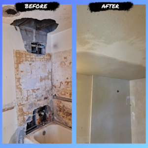 Before and after drywall patch in shower